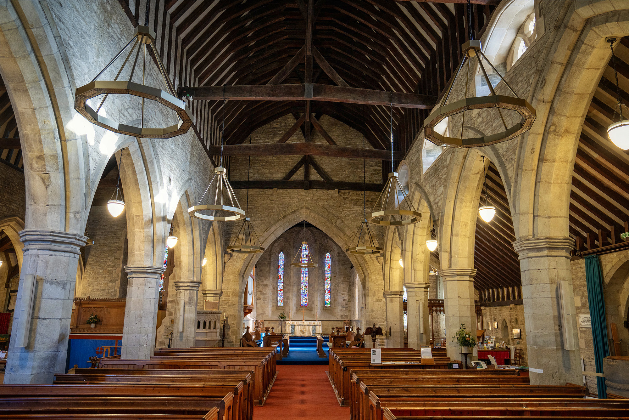 Kington Church interior showing the heating system